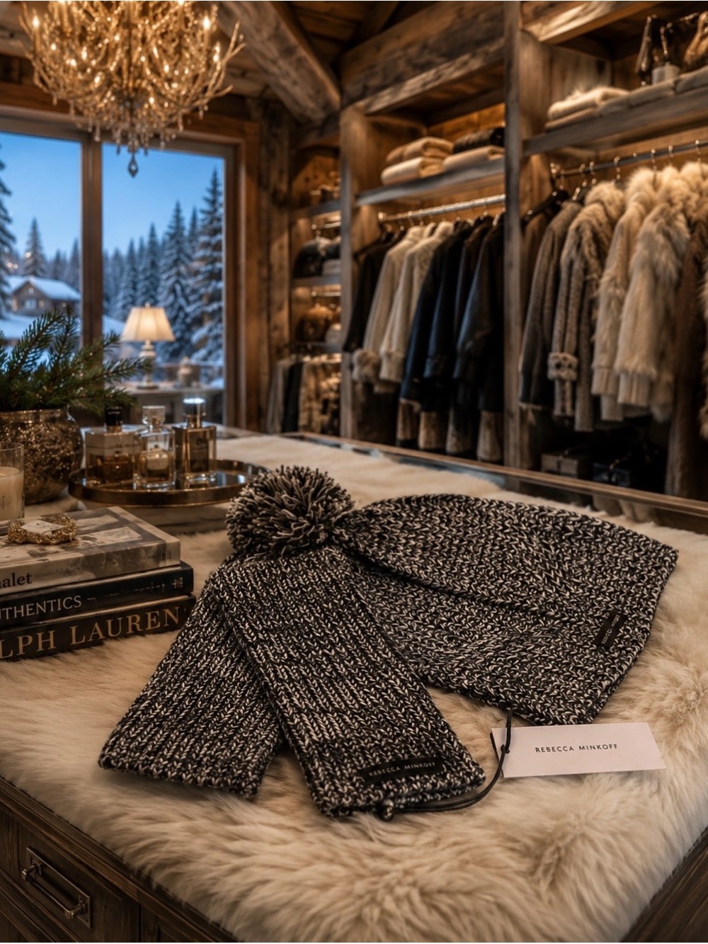 REBECCA MINKOFF Black Marled Beanie Hat and Arm Hand Warmer Set